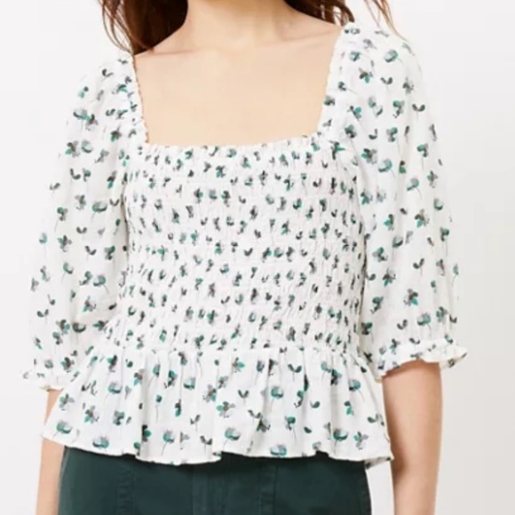 LOFT smocked‎ peplum puff sleeves white green floral top Sz L - Picture 9 of 10